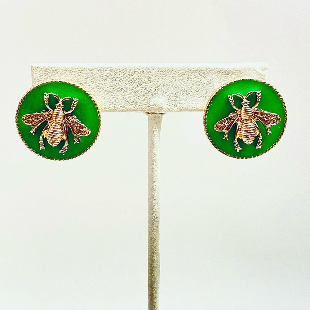 Green Button Bee Earrings